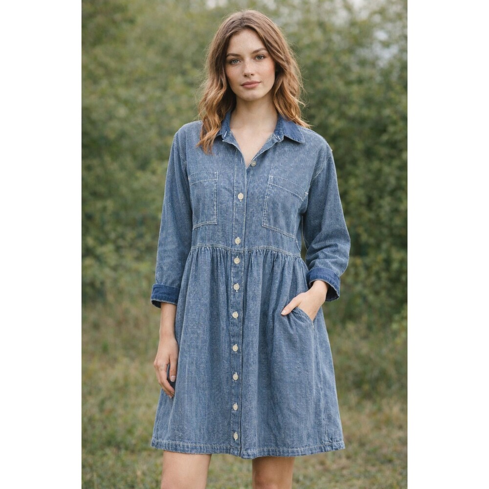 Vintage Hickory Stripe Denim Prairie Shirt Dress 90s Made in USA Workwear Sz 10